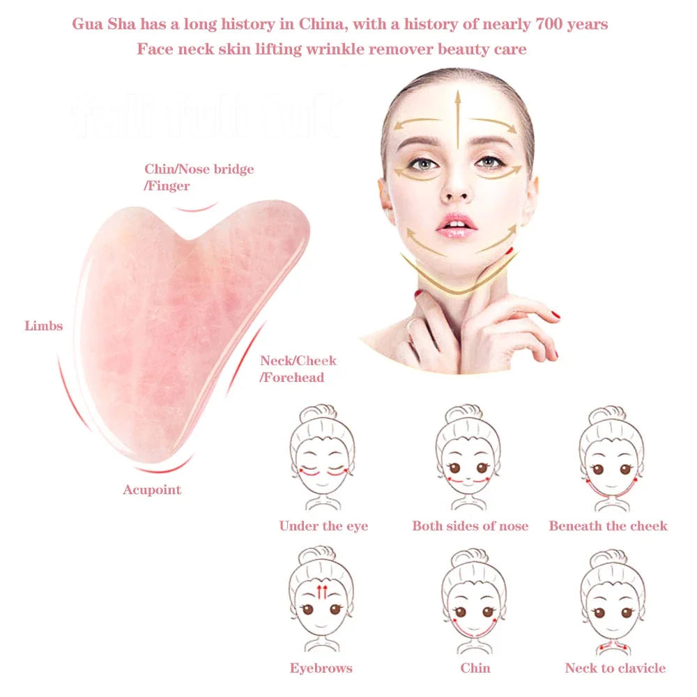 RevivalROLL - Gua Sha Natural Stone Guasha Beauty Tool Facial Lift Up - Rose Quartz Powder Crystal Jade Roller Massage Spa Pink Face Massagers