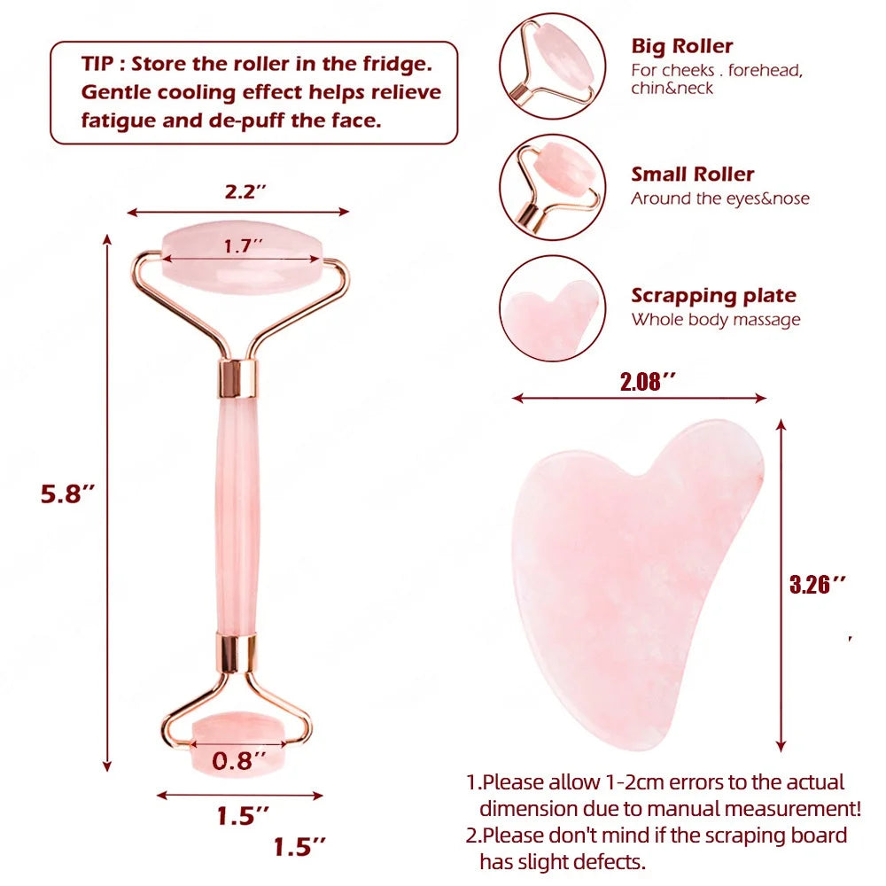 RevivalROLL - Gua Sha Natural Stone Guasha Beauty Tool Facial Lift Up - Rose Quartz Powder Crystal Jade Roller Massage Spa Pink Face Massagers