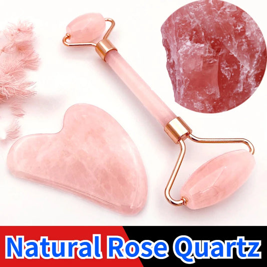 RevivalROLL - Gua Sha Natural Stone Guasha Beauty Tool Facial Lift Up - Rose Quartz Powder Crystal Jade Roller Massage Spa Pink Face Massagers